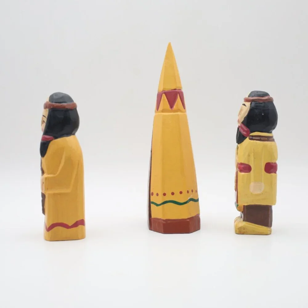 Vintage 1970s Hand Carved Hand Painted Indian Man, Woman & Teepee